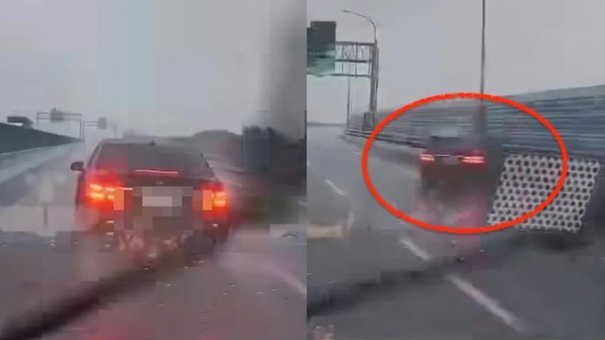 賓士雨天「逼車急煞」挑釁下秒自撞護欄　網酸:現世報