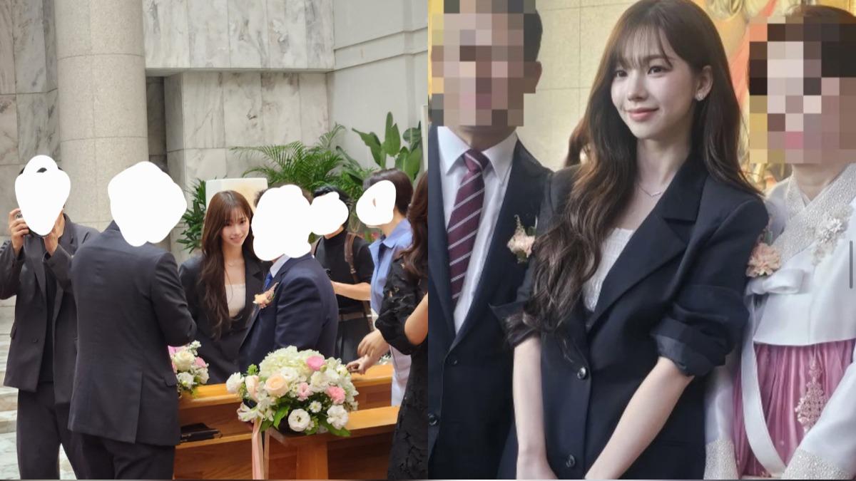 Karina穿著黑色套裝招待賓客，安靜待在父母身邊。（圖／翻攝自아이돌 이슈臉書）