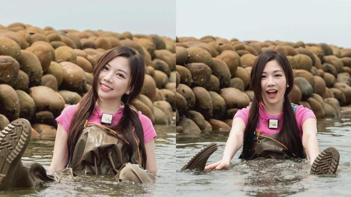 蔡尚樺第一次下海捕魚,身穿連身潛水裝備,坐在海水中露出燦爛笑容。(圖/翻攝自蔡尚樺IG)