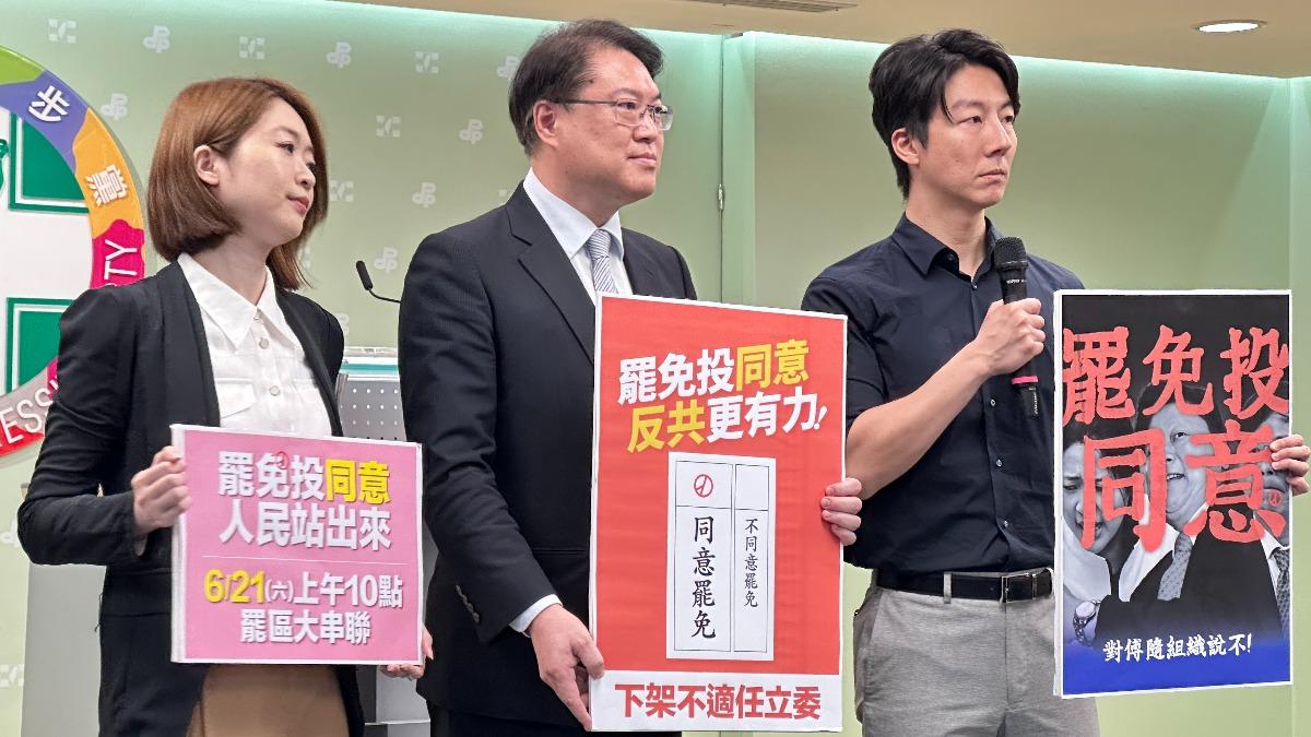 民進黨推出罷免文宣。(圖/潘袁詩羽攝)