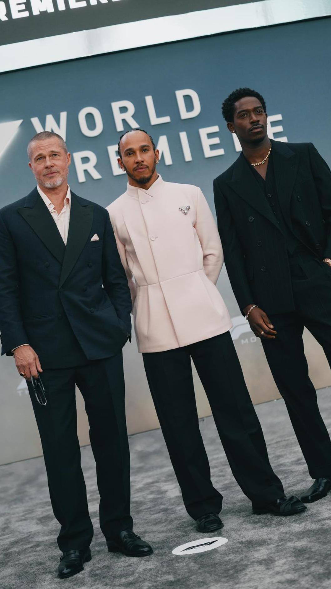 布萊德彼特（左起）、監製路易斯漢彌爾頓、達姆森伊卓斯出席《F1電影》紐約首映會。（圖／華納兄弟提供）