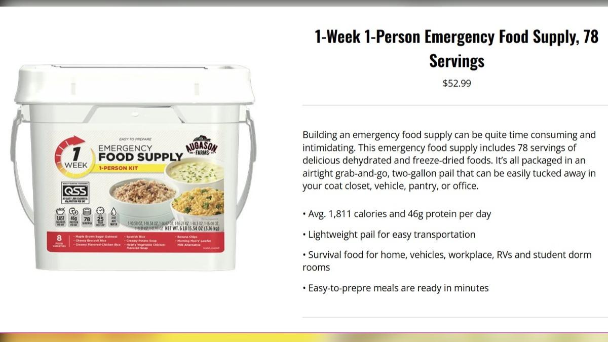 實際查詢此款一週緊急糧桶，售價為52.99美元。（圖／翻攝自業者官網）