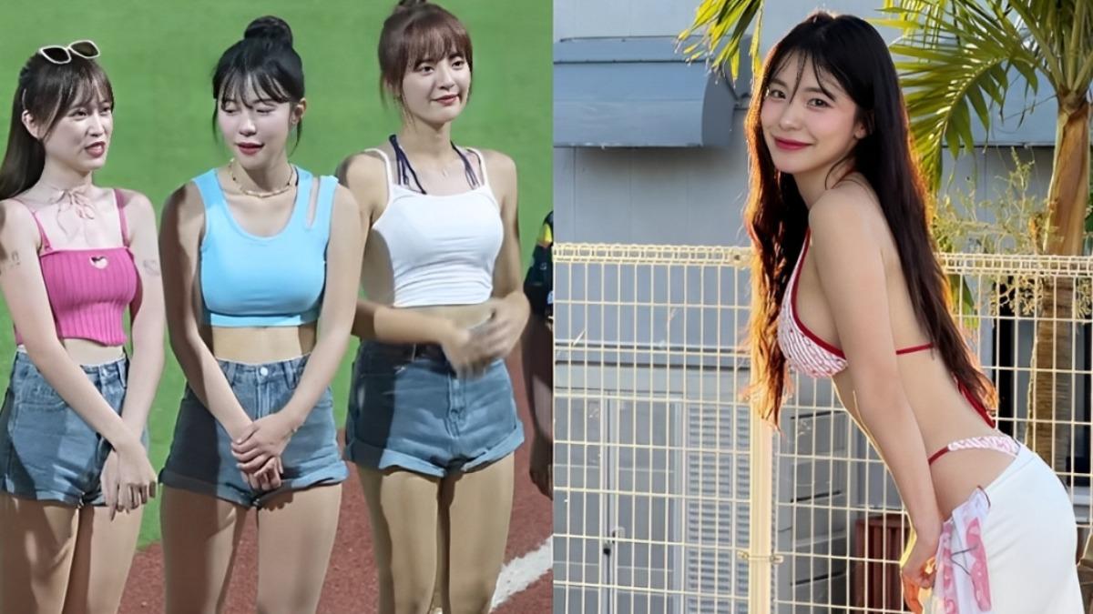啦啦隊女神李多慧在場邊化身「風紀糾察隊」，親手幫隊友調整小背心，逗趣舉動立刻掀起網友熱議。（圖／翻攝自YT@onedayfans、IG@le_dahye）