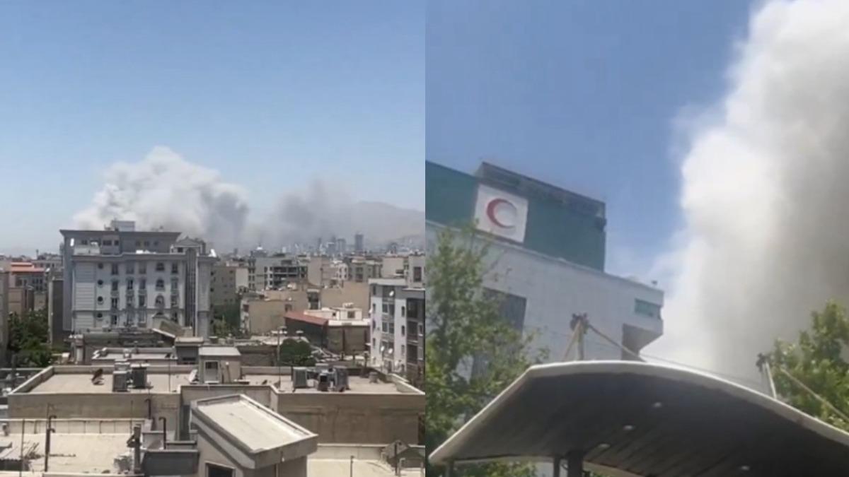 左為德黑蘭濃煙瀰漫，右為人道組織「紅新月會」建物疑遭以軍空襲波及。（圖／翻攝自X@upuknews1、NewsRadarIndex）