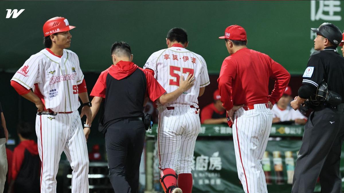 拿莫.伊漾遭觸身球強襲頭部傷退下場。(圖/翻攝自味全龍臉書)