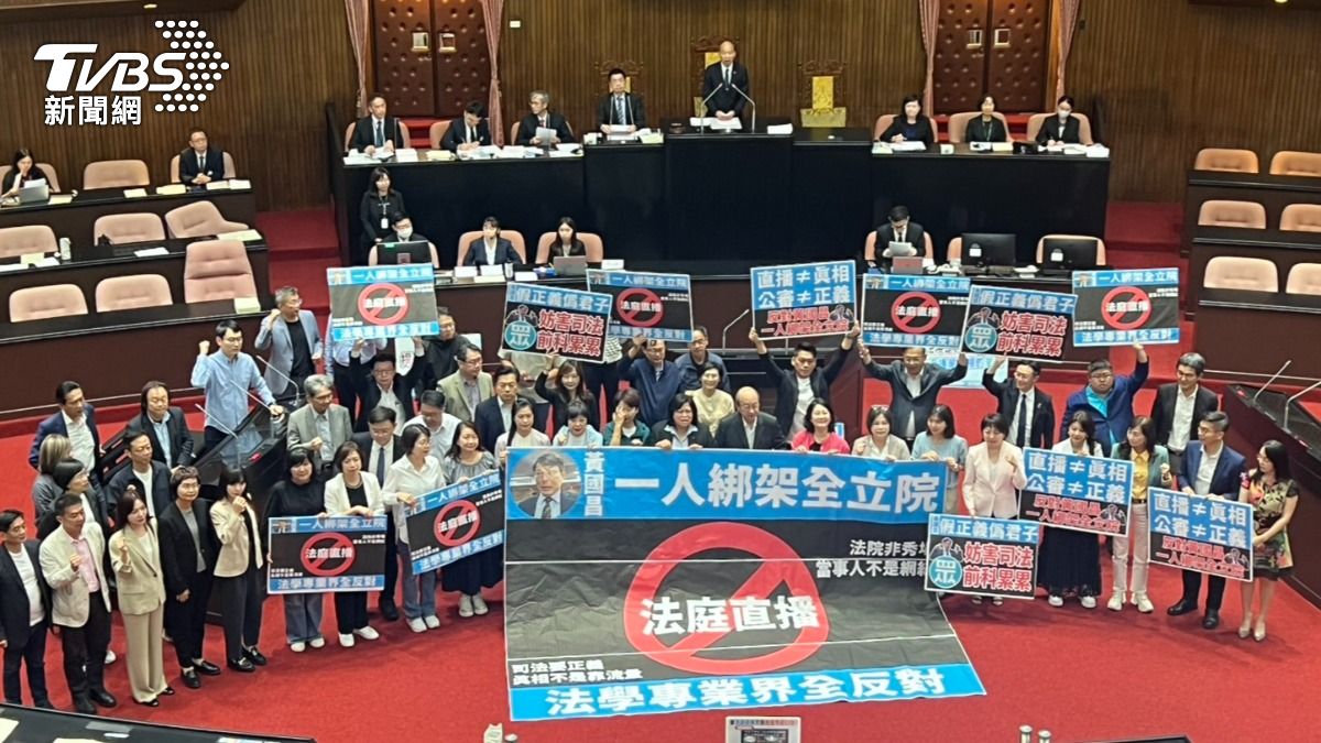 民進黨團在發言台前抗議。(圖/潘袁詩羽攝)