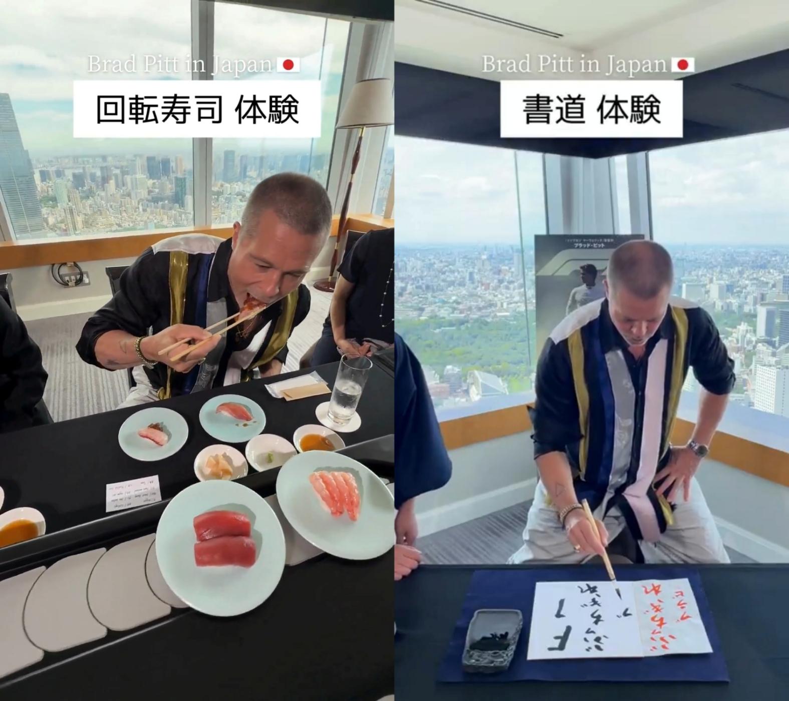 布萊德彼特品嘗迴轉壽司,舉筆揮毫。(圖/翻攝自F1Movie_jp推特)