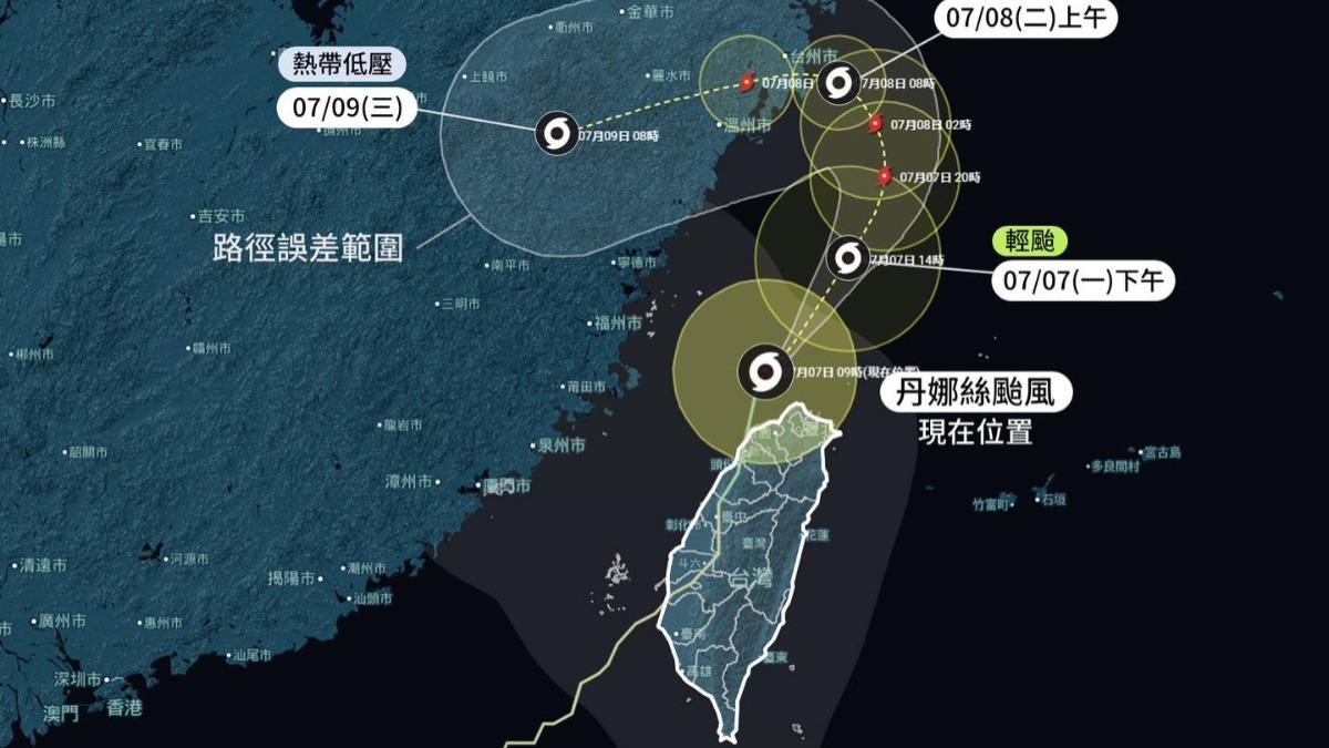 丹娜絲颱風逐漸遠離台灣，但路徑圖顯示有機會「大迴轉」。（圖／翻攝自「台灣颱風論壇｜天氣特急」臉書）