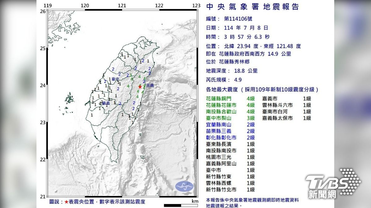 今晨3時57分發生芮氏規模4.9地震,地震深度18.8公里,震央位於花蓮縣政府西南西方14.9公里。(圖/中央氣象署) 今晨3時57分發生芮氏規模4.9地震,地震深度18.8公里,震央位於花蓮縣政府西南西方14.9公里。(圖/中央氣象署)