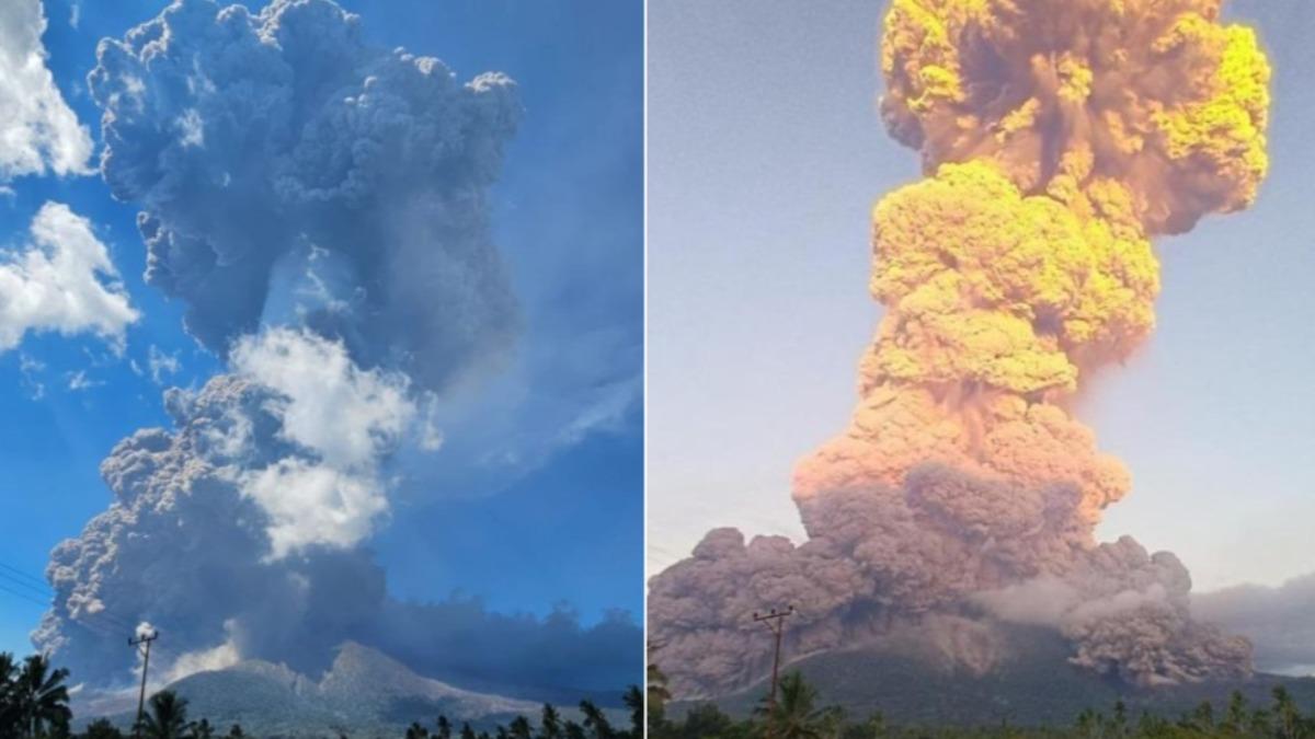 印尼勒沃托比火山一個月內連兩噴，7日噴發的火山灰柱高達19公里。（圖／翻攝自 X@theinformant_x、@LeilaniMariko）