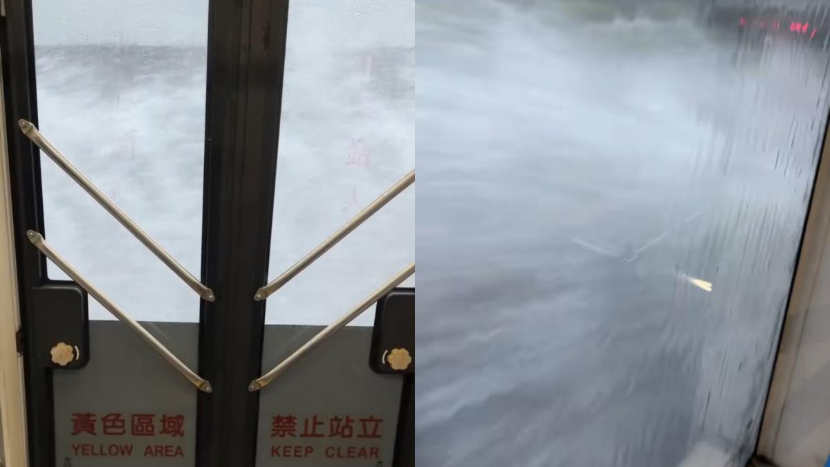 台中公車通過台灣大道積水處時，兩側濺起超高的水花。（圖／Threads「kuohsinhung」提供）