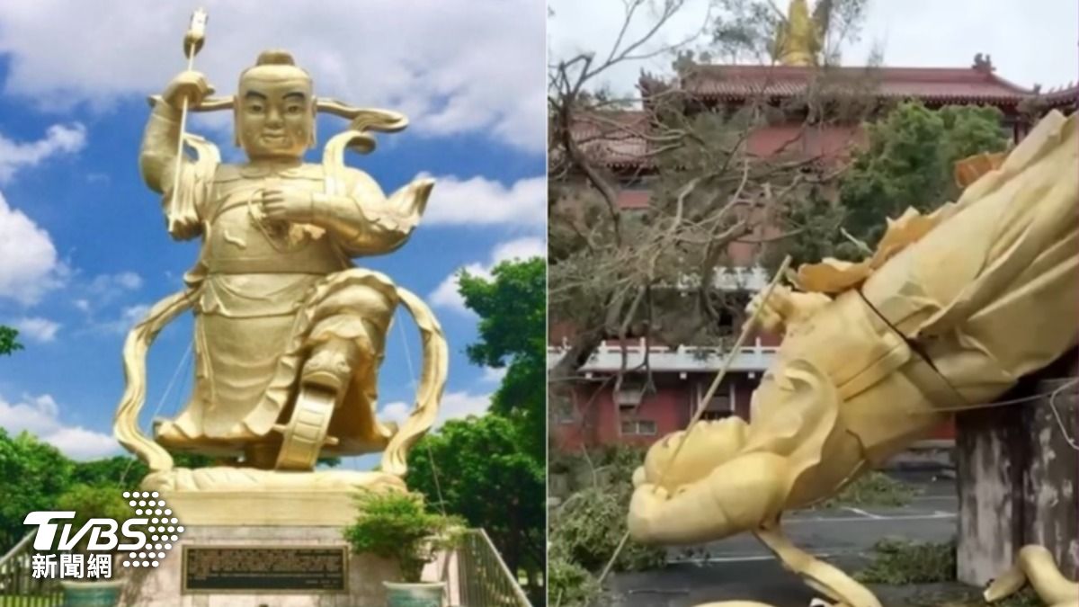 因颱風強襲，公園太子宮神像斷裂。（圖／TVBS）