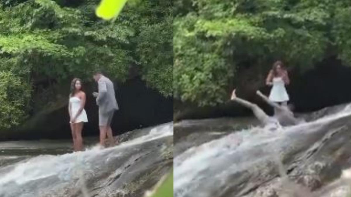 情侶選在瀑布求婚，結果一下跪男子就腳滑跌入瀑布中。（圖／取自X）