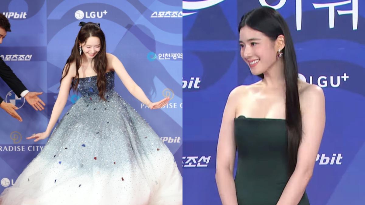 潤娥今晚在紅毯上摔跤，鄭恩彩則尷尬露出「黑色點點」。（圖／翻攝自KBSEnt YouTube、左圖news1提供）