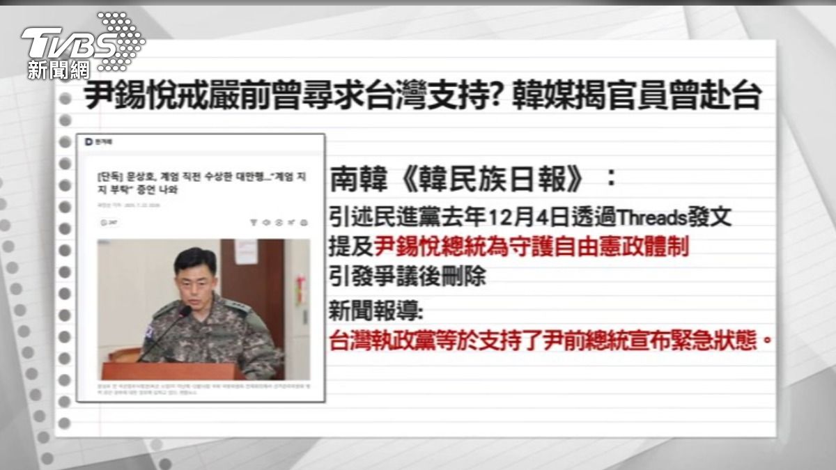 韓媒稱尹戒嚴前曾尋台支持　引綠「戒嚴文」論證　府：惡意造謠