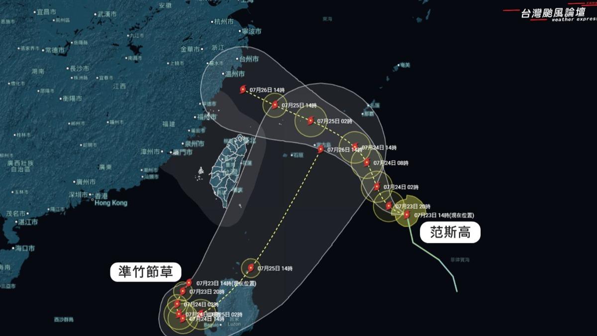 天氣／范斯高、準竹節草互旋！專家：台灣附近上演「雙系統藤原效應」