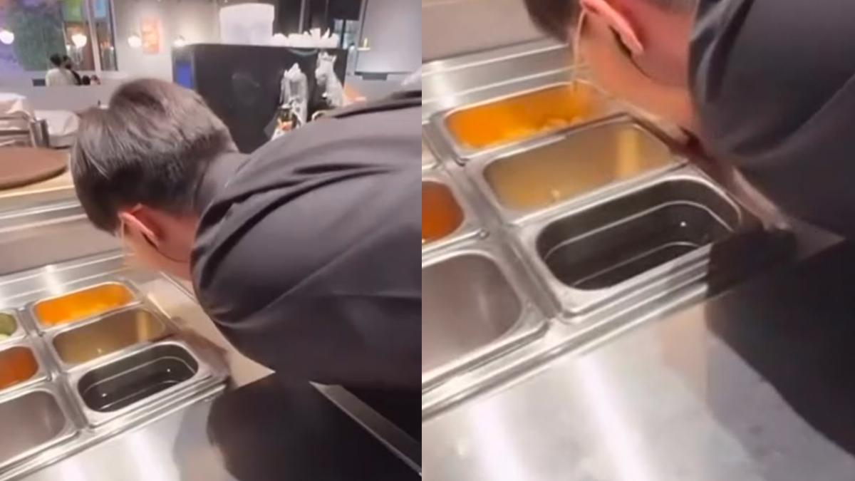 古拉爵男員工低頭舔抹布再舔餐台畫面曝光。（圖／翻攝自thread）