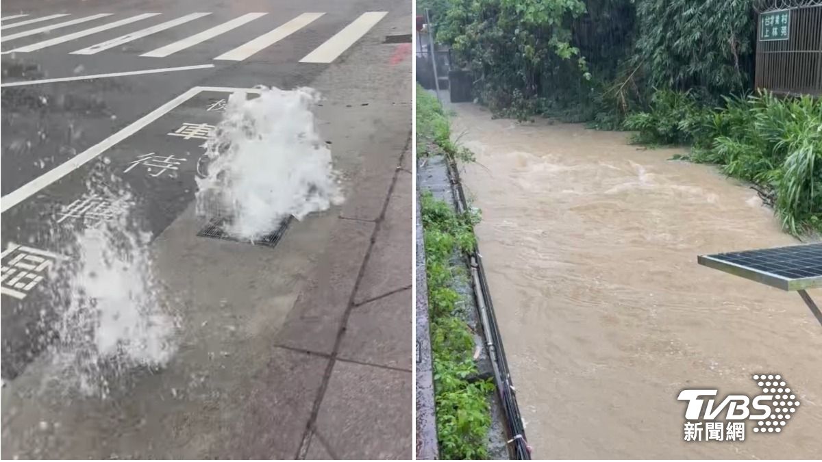 雨襲台北，101外出現噴泉(左)，信義區西大排水位高漲。（圖／threads「台大權志龍」授權、許淑華提供）