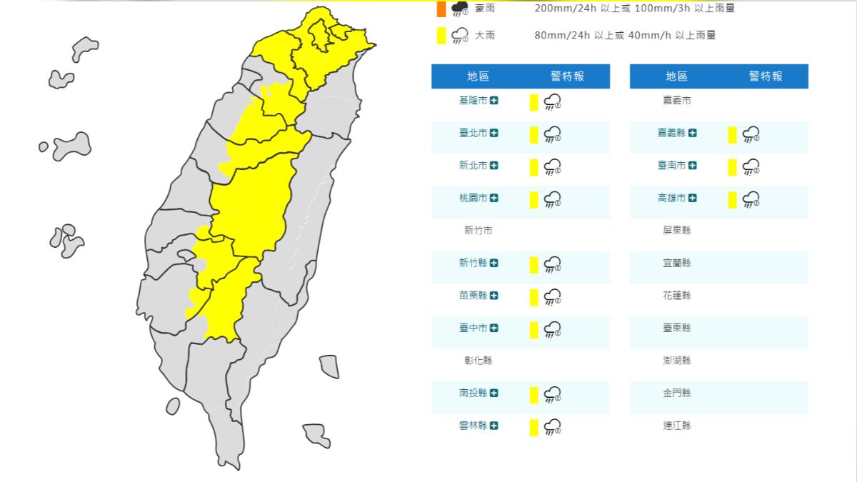 天氣／雨要來了！氣象署發12縣市大雨特報　雨彈炸到晚上