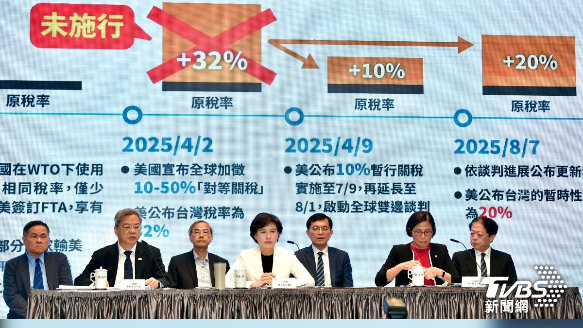 行政院副院長鄭麗君和秘書長龔明鑫、貿易談判代表楊珍妮說明台美對等關稅談判情勢。(圖／胡瑞麒攝)