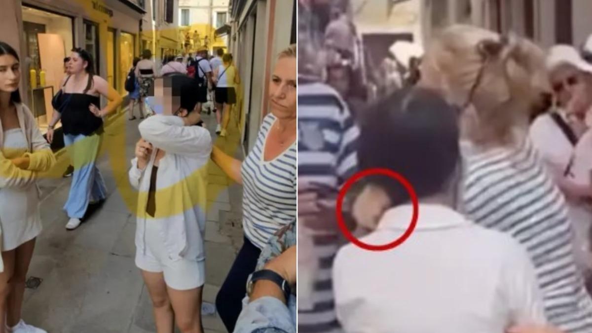 美國有名8寶媽在威尼斯遭遇女扒手，她逮到對方後緊抓其馬尾不放。（圖／翻攝自TikTok@karismcelroy）