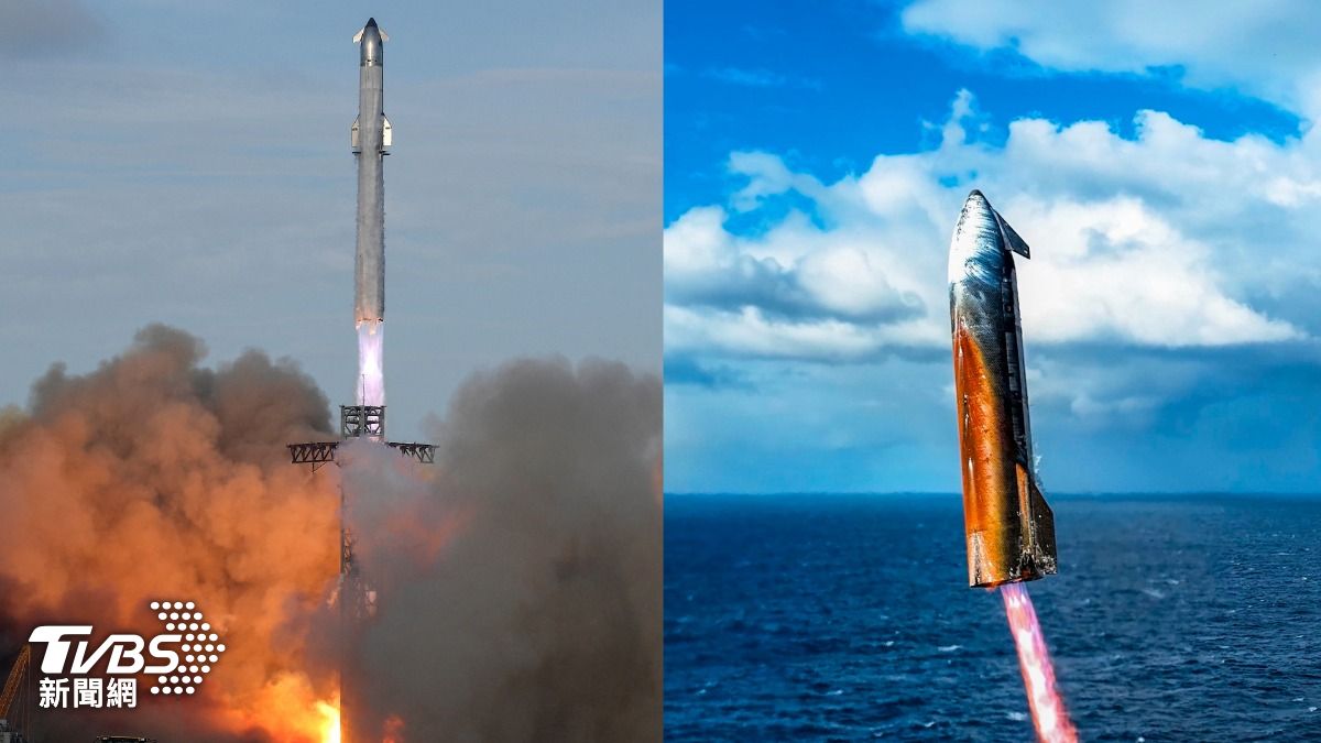 星艦第10次試射大成功。左圖為其發射畫面，右圖為其返回地球。(圖／達志影像路透社、X@elonmusk)