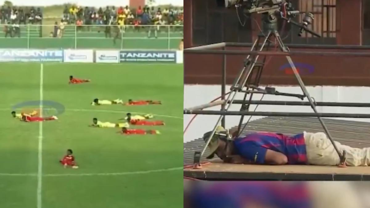 坦尚尼亞一場足球賽進行途中，全體球員與工作人員都突然趴在地上。　（圖／翻攝自X@ESPNFC）