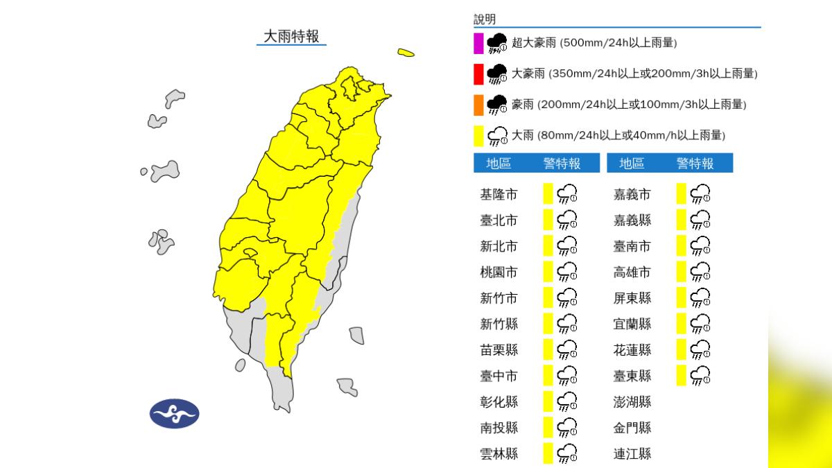 氣象署今（7）日下午13時30分針對19縣市發布大雨特報。（圖／氣象署提供）