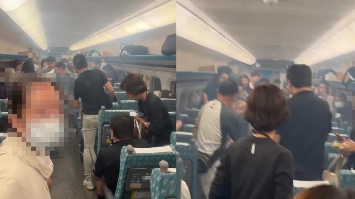 高鐵驚傳行動電源燃燒，乘客紛紛逃離車廂。（圖／Thread@ares0331、lahang.__授權提供）