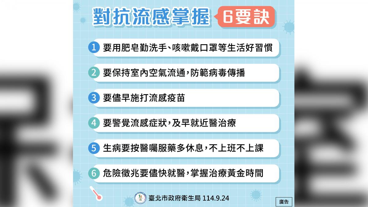 流感預防六招。（圖／台北市衛生局提供）