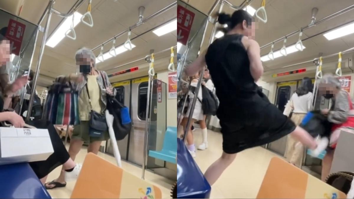 一名婦人搭乘捷運時，用包包攻擊乘客，反被踹飛。（圖／翻攝threads　queen7_910）