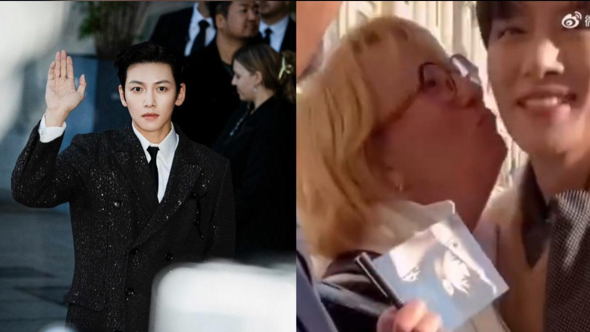 池昌旭在巴黎時裝週，被女粉摟脖親吻。（圖／翻攝自微博）