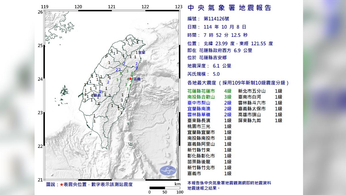 花蓮上午7時52分許發生芮氏規模5地震。（圖／TVBS）