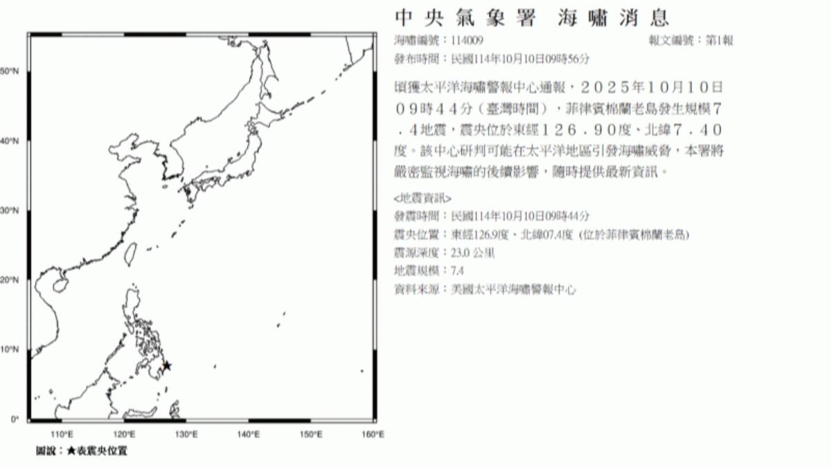 菲律賓民答那峨島在今（10）日上午9時44分，發生規模7.4地震，氣象署發布海嘯消息。（圖／氣象署提供）