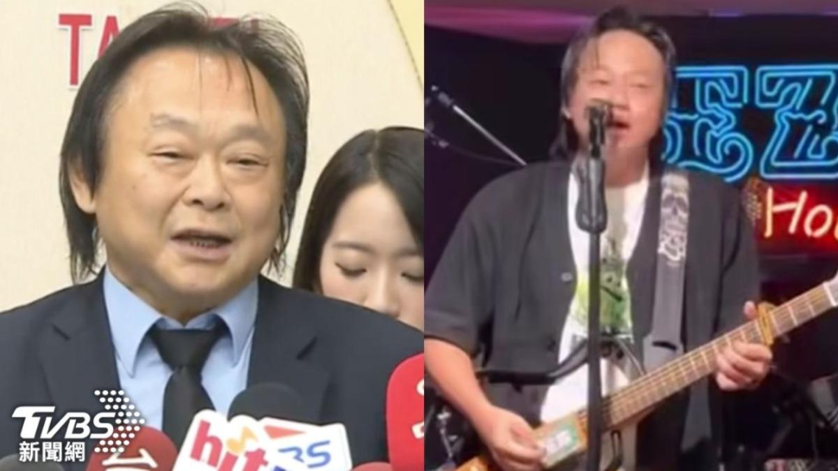 賴銘偉聲情激昂地演唱《沒出息》，造型激似王世堅，讓網友以為是王世堅本尊在演唱。（圖／TVBS、翻攝自賴銘偉臉書）