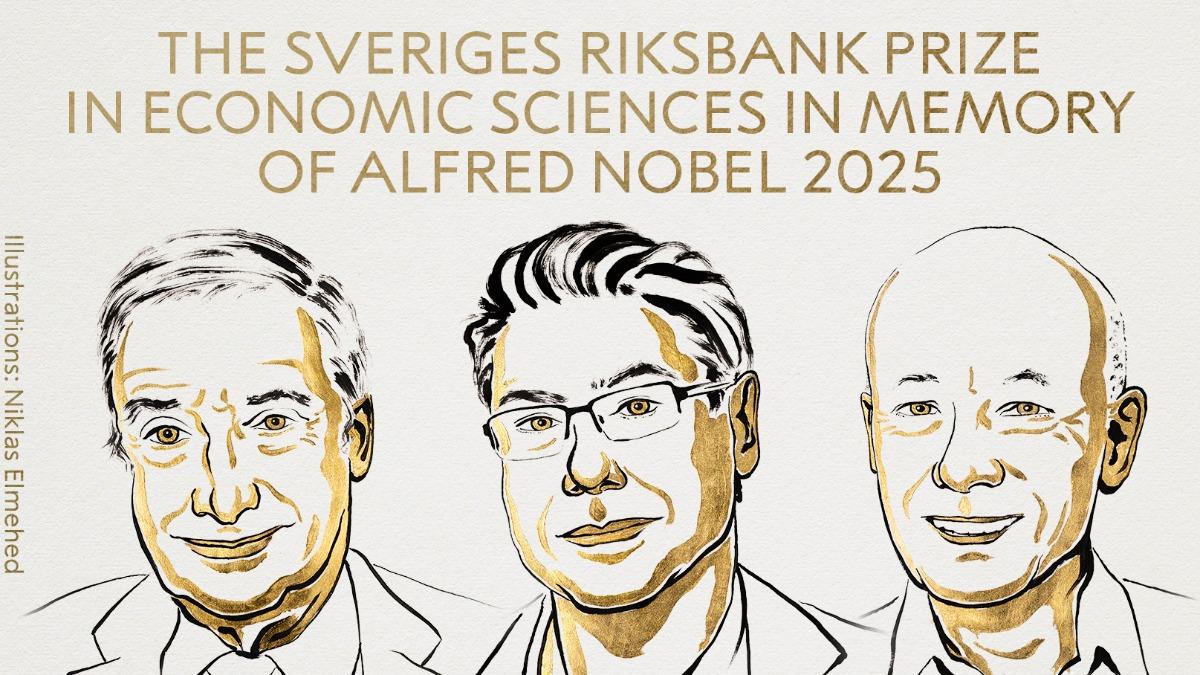 美國經濟史專家莫基爾（左）、法國經濟學家阿吉翁（中）和加拿大經濟學家豪伊特（右）榮獲2025諾貝爾經濟學獎。（圖／翻攝自X@NobelPrize）