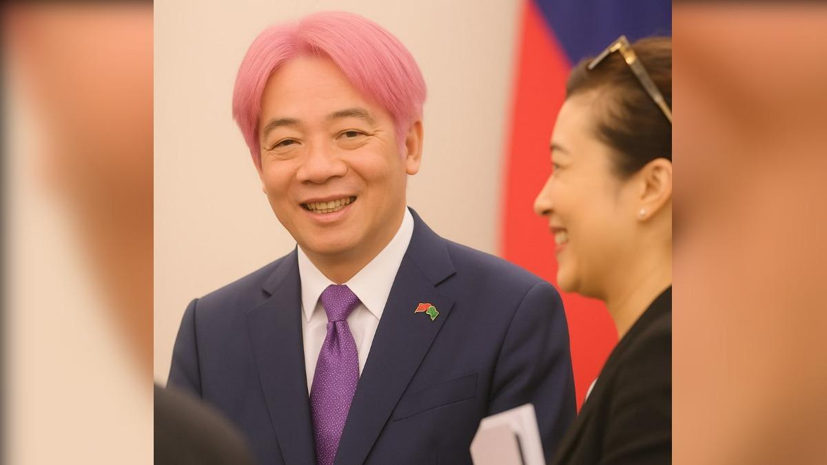 總統賴清德被網友製作「中分粉紅髮」照片，賴清德親自回應動圖驚呼：「蛤？」（圖／翻攝自賴清德Threads）