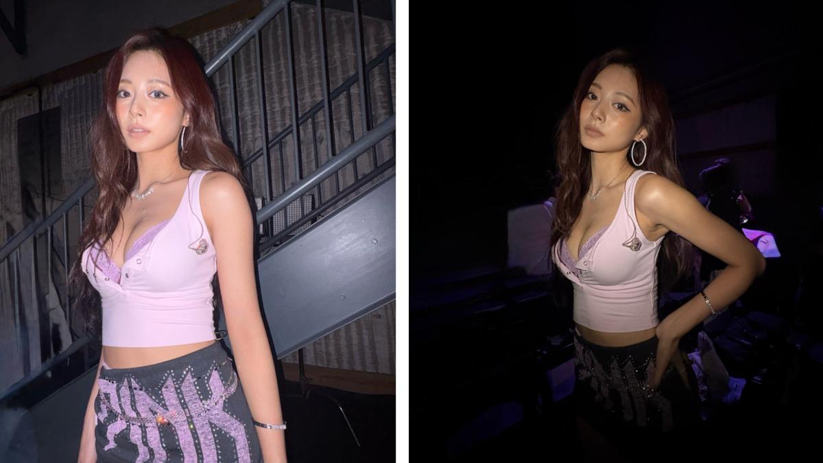 子瑜以一襲粉紫色低胸背心亮相維密大秀，內衣外露的設計大膽突破形象。（圖／翻攝自IG）