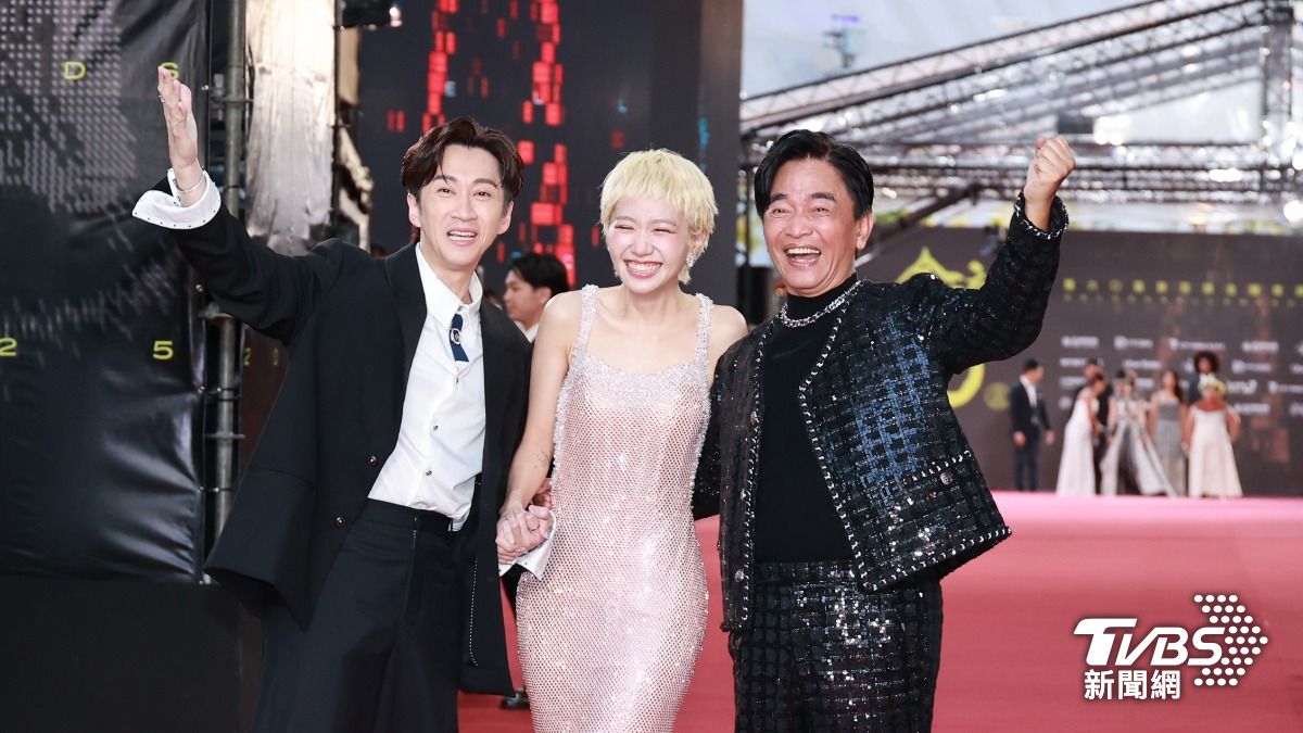 陳漢典（左起）和Lulu、吳宗憲一起現身紅毯。（圖／TVBS娛樂組攝）