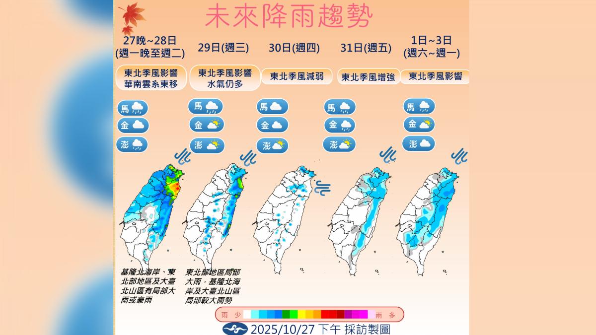 今晚起華南雲系東移北東留意豪雨 一周雨區看這