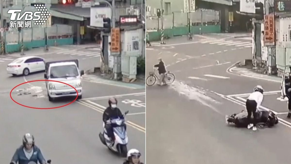 有片／小貨車過彎「豆腐灑滿地」…3騎士輾過慘摔　超衰畫面曝