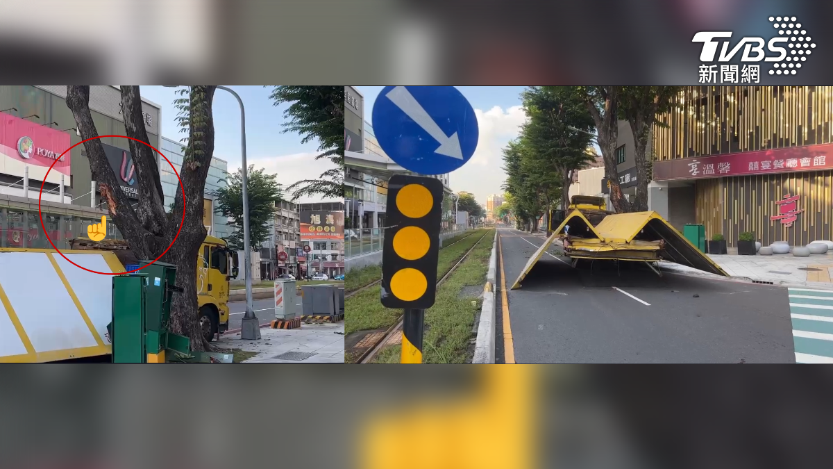 上班好塞!貨櫃車過彎擦撞路樹 「車箱崩塌」鏟起機車