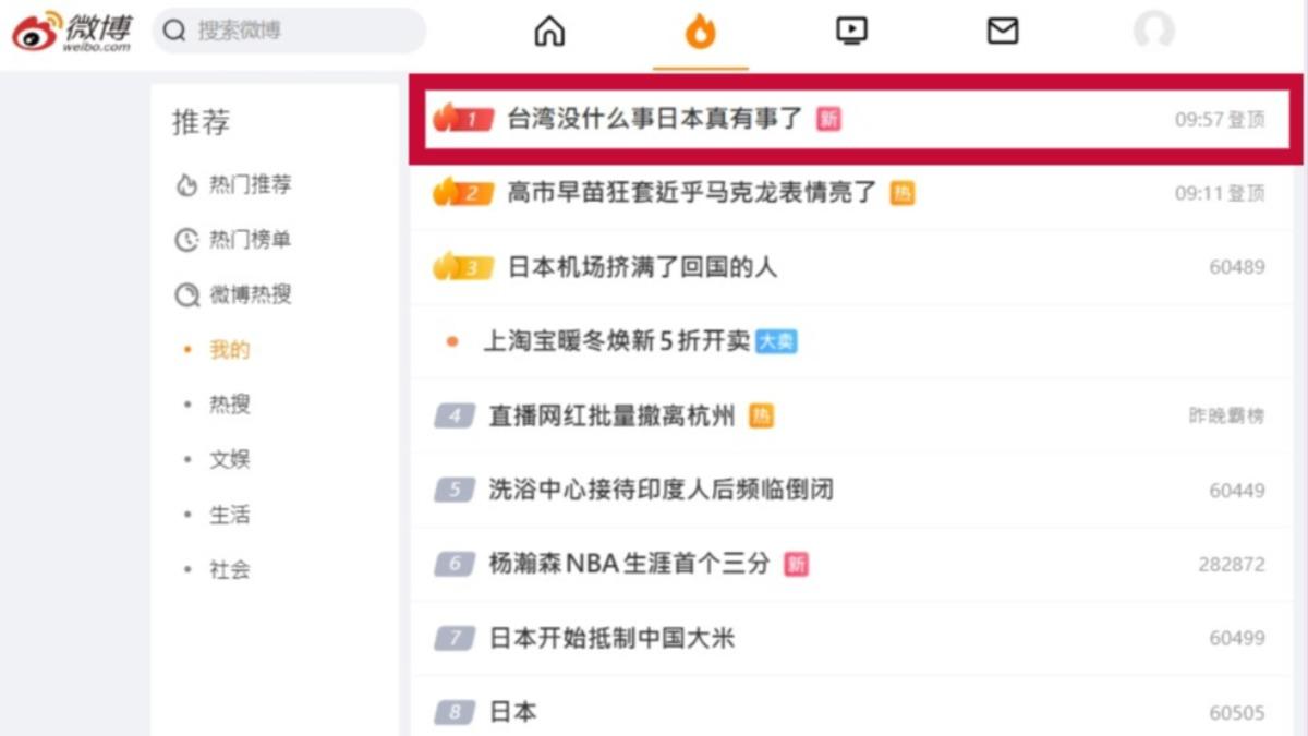 「台灣沒事、日本真有事」登中國微博熱搜第一　網友評論兩極