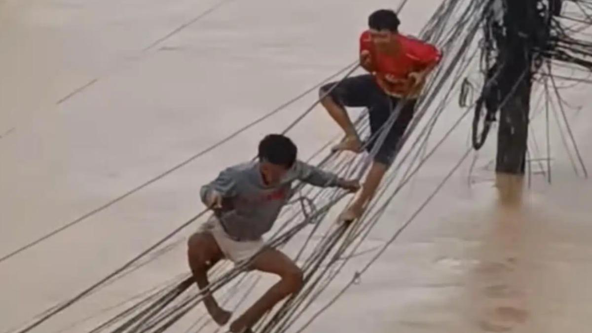 泰國南部爆洪災！水淹2層樓高　災民冒險「爬電線」求生畫面曝