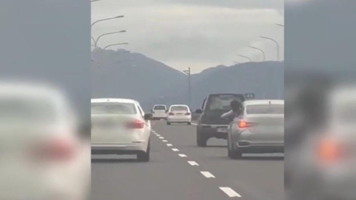 國道5號上演高速互丟戰! 乘客探頭伸手嬉戲互擲不明物品