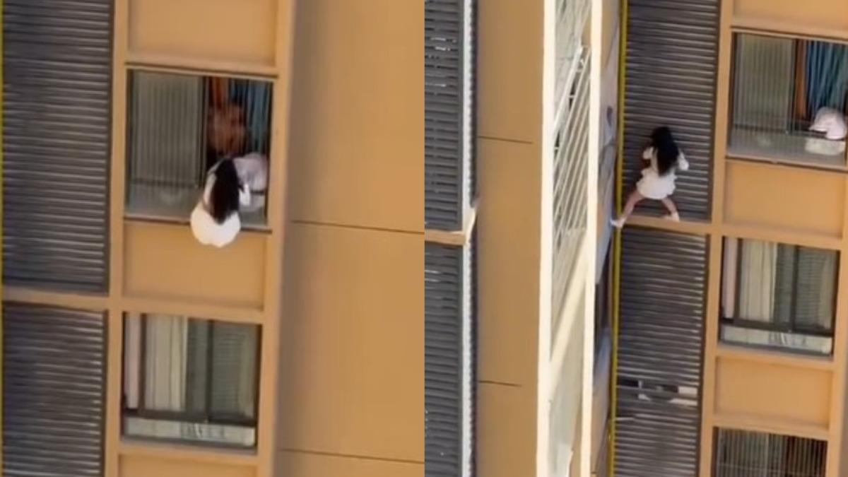 偷情被抓包？陸短裙妹「高樓爬窗」大逃亡　驚險瞬間全網看傻