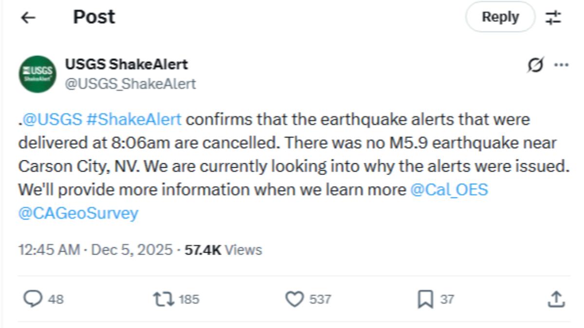 USGS誤發內華達州5.9地震警報　網狂猜原因：核試驗？