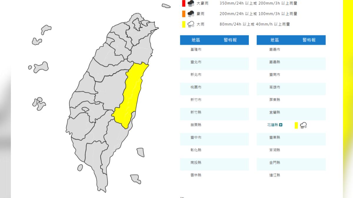 天氣／對流發展旺盛　氣象署發花蓮縣大雨特報