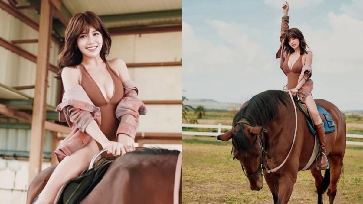 啦啦隊女神穿高衩泳裝騎馬!深V半球拜年 網友暴動:想當那匹馬