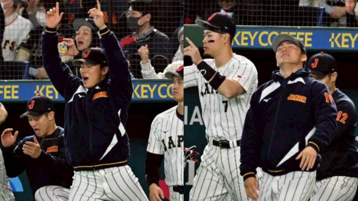 山本由伸在慶祝勝利時奮力躍起、卻正好閉上眼睛的瞬間崩壞照。（圖／翻攝大谷翔平Instagram）